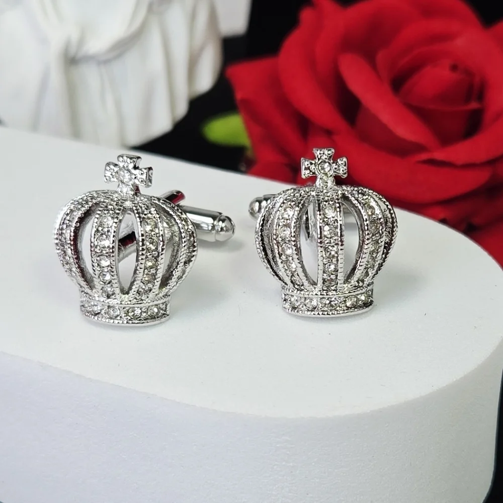 Royal Crown Cufflinks Silver Rhinestone King Regal French Cuff Formal Wedding